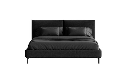 Front view of a bed with a comforter and pillows on an isolated background.