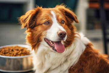 Border collie smiles with tongue out near a metal dog bowl on a sunlit patio. A bowl of kibble sits in the foreground.