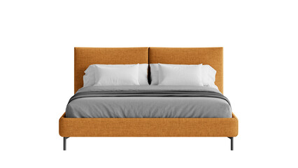 Modern orange bed with a blanket and pillows.