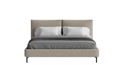 Front view of a modern double bed on a transparent background.