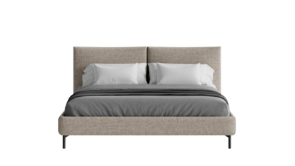 Front view of a modern double bed on a transparent background.