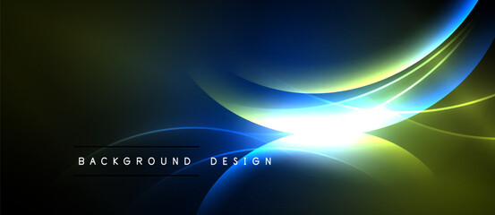 Abstract background features vibrant blue, yellow curves. Bright light emanates from center, creating dynamic visual effect. Dark borders frame design.