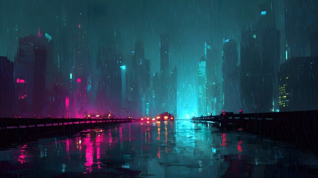 Futuristic Cyberpunk Cityscape at Night with Neon Reflections on Wet Streets.