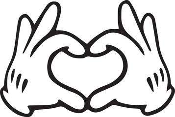 Obraz premium Cartoon style gloved hands forming heart shape gesture symbolizing love unity affection in playful black and white vector illustration