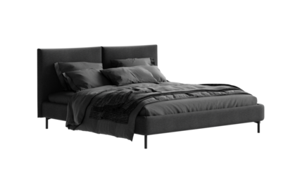 Black bed with a black blanket and pillows on a transparent background.