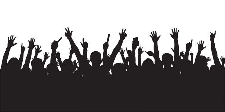 Outline of a crowd, joyful fans everywhere. A large event, could be a concert or a sporting event. Vector illustration.