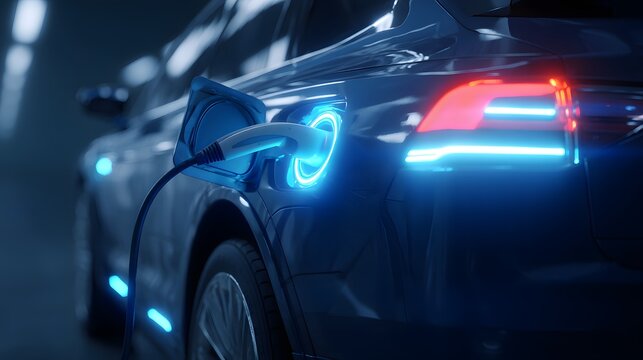 Futuristic electric car charging at a station with glowing blue lights.