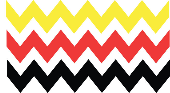 yellow, red, and black zig zag lines . A vibrant pattern of three horizontal chevron zigzag rows in yellow, red, and black on a white background, creating a bold, energetic etc. - Powered by Adobe