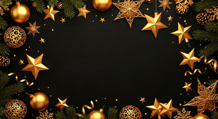 Elegant Golden Christmas Border with Stars and Ornaments on Black Background