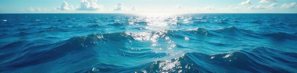 Fototapeta premium Vast, deep blue ocean stretches to the horizon, sunlight reflecting on the endless waves A breathtaking view of the seemingly limitless sea , aquatic, tranquility, vast