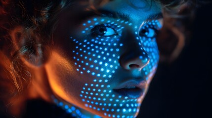 Futuristic portrait of a woman with a projected grid of blue light dots on her face.