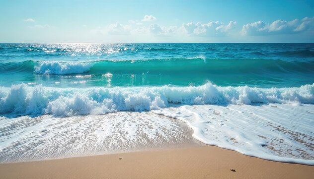 Vast, deep blue ocean waves crash on a sandy shore, sunlight reflecting on the rippling surface A tranquil yet powerful scene of the ocean's majesty , wildlife, ocean