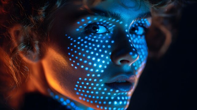 Futuristic portrait of a woman with a projected grid of blue light dots on her face.