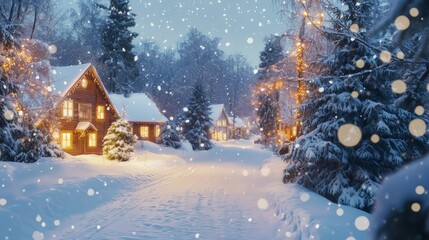 Christmas snowy landscape with cozy winter village, snow-covered trees and houses, festive peaceful atmosphere, postcard style for holiday designs and seasonal greetings