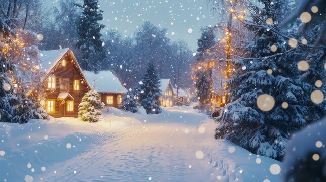 Christmas snowy landscape with cozy winter village, snow-covered trees and houses, festive peaceful atmosphere, postcard style for holiday designs and seasonal greetings