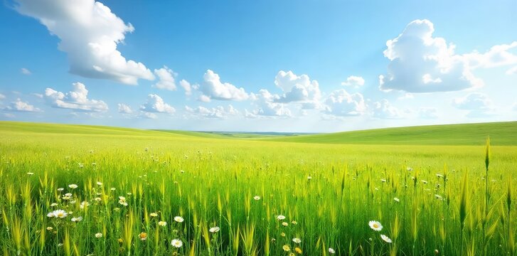 Vast expanse of tallgrass prairie swaying gently in the breeze, wildflowers dotting the landscape under a bright blue sky  A serene and untouched natural scene ,  outdoors,  blue sky