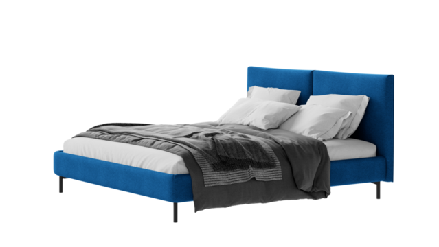 Modern double bed with bedding on an isolated background.