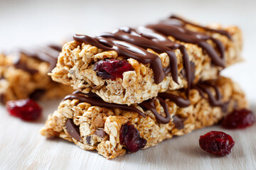 Fototapeta premium Stack of crunchy granola bars drizzled with rich chocolate and studded with dried cranberries, offering a delicious and wholesome snack option