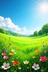 Vibrant green meadow bursting with wildflowers and lush grasses under a bright summer sky  Perfect for nature, ecology, and environmental themes ,  scenic,  growth,  fresh