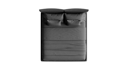 Top view of a black bed with bedding on a transparent background.