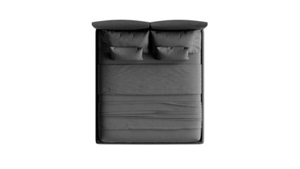 Top view of a black bed with bedding on a transparent background.