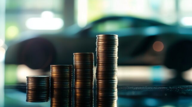 Four stacks of coins arranged from smallest to tallest on surface, blurred sports car in background, symbolizing investment, success, and financial growth