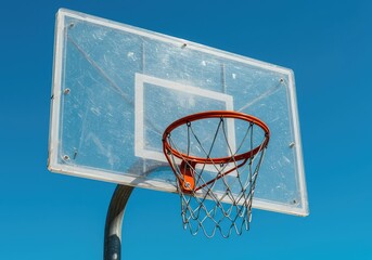A clear plastic backboard holding an orange hoop and net, mounted outdoors beneath a sunny bright blue sky ,standard ,backboard ,equipment