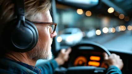 Delivery driver man in headphones steering van, dashboard POV, city logistics, candid workplace, with copy space