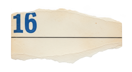Torn paper with number 16 isolated on transparent background