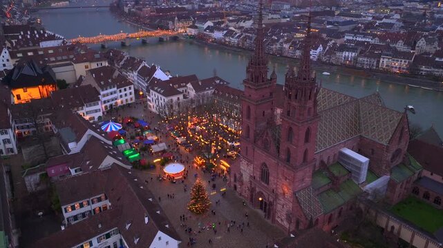 Basel Christmas Market Aerial Shot. Illuminated Basler Weihnachtsmarkt in the evening Twilights at Winter in Switzerland