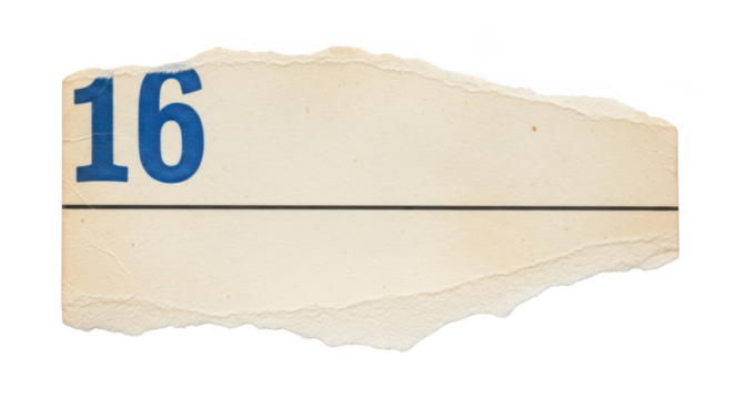 Torn paper with number 16 isolated on transparent background