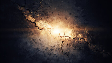 Dark cracked wall with glowing light breaking through, creating dramatic and mysterious atmosphere