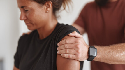 Woman receiving physical therapy for rehabilitation, showing focus and determination during session