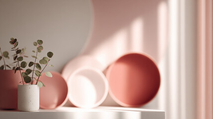 Soft pastel shapes and gentle lighting create serene atmosphere with decorative plates and small plant