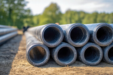 Stacked black metal pipes arranged on sandy ground outdoors with blurred natural background in bright daylight scene