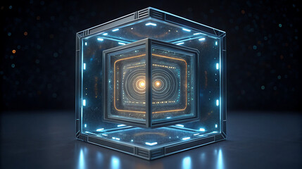 Futuristic transparent cube with glowing core and galaxy background
