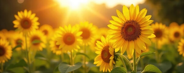 Obraz premium Vibrant sunflowers bask in the warm glow of summer sunshine, their faces turned towards the golden light A picturesque scene of nature's beauty and abundance , agriculture, blossom, plant