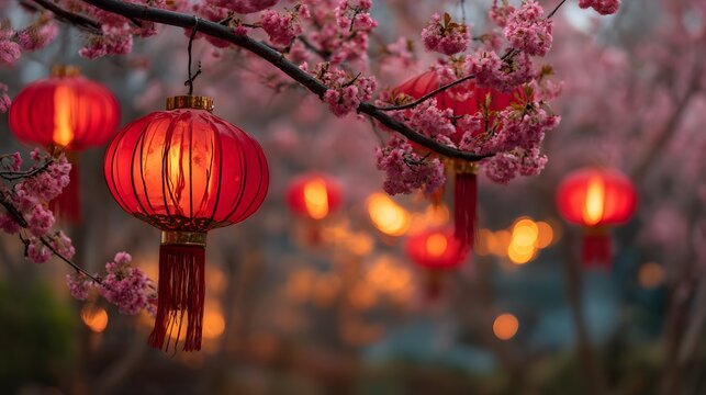 Glowing Red Chinese Lanterns Hanging on a Blooming Cherry Blossom Tree at Night.