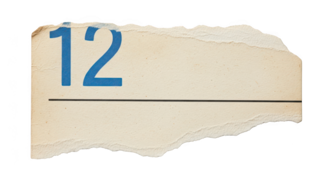 Torn paper with number 12 isolated on transparent background