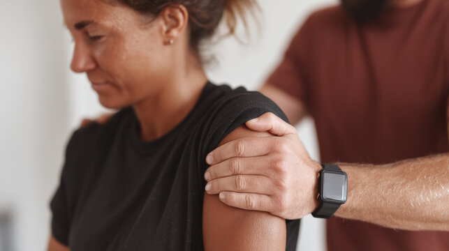 Woman receiving physical therapy for rehabilitation, showing focus and determination during session