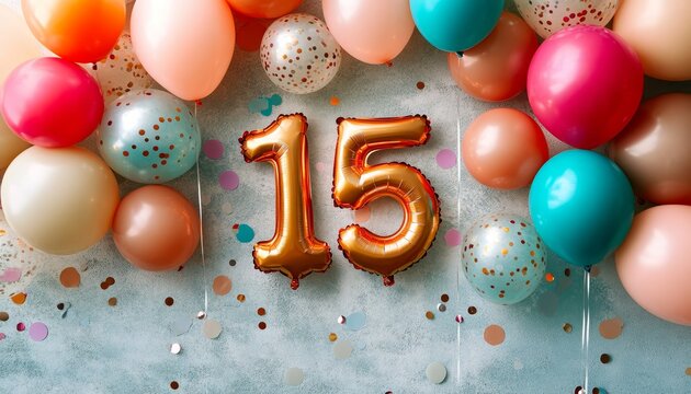 Colorful and Vibrant Fifteenth Birthday Celebration with Golden Balloons, Confetti, and Joyful Decor