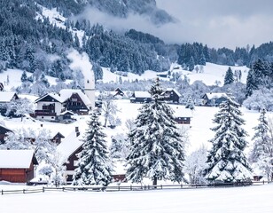 Snowy Alpine Village Winter Landscape