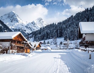 Snowy Alpine Village Winter Landscape