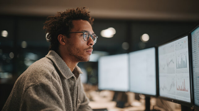 Financial analyst focused multiple monitors, analyzing data and trends modern office environment. atmosphere is intense - Powered by Adobe