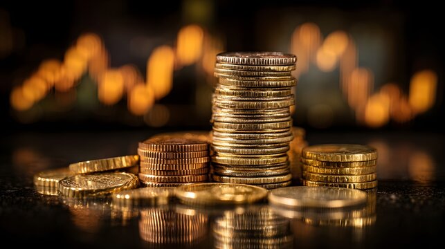 Golden Coins Stacked Against a Blurry Financial Chart Background. - Powered by Adobe