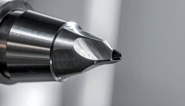 Sharp, polished metallic point of a precision industrial tool used for intricate machining and detailed manufacturing processes