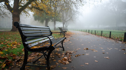 Serene autumn park scene features empty benches surrounded by fallen leaves, shrouded gentle fog. atmosphere evokes sense