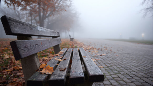 Serene autumn park bench surrounded by fog, with fallen leaves scattered on ground, evokes sense of tranquility and solitude - Powered by Adobe