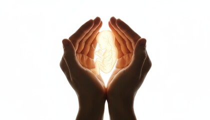 Silhouetted hands gently holding and protecting a glowing human fetus, symbolizing the concepts of new life, pregnancy, embryonic development, and childcare on a white background