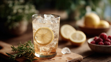 Refreshing beverage with ice and lemon slices, garnished with rosemary, evokes sense of relaxation and enjoyment